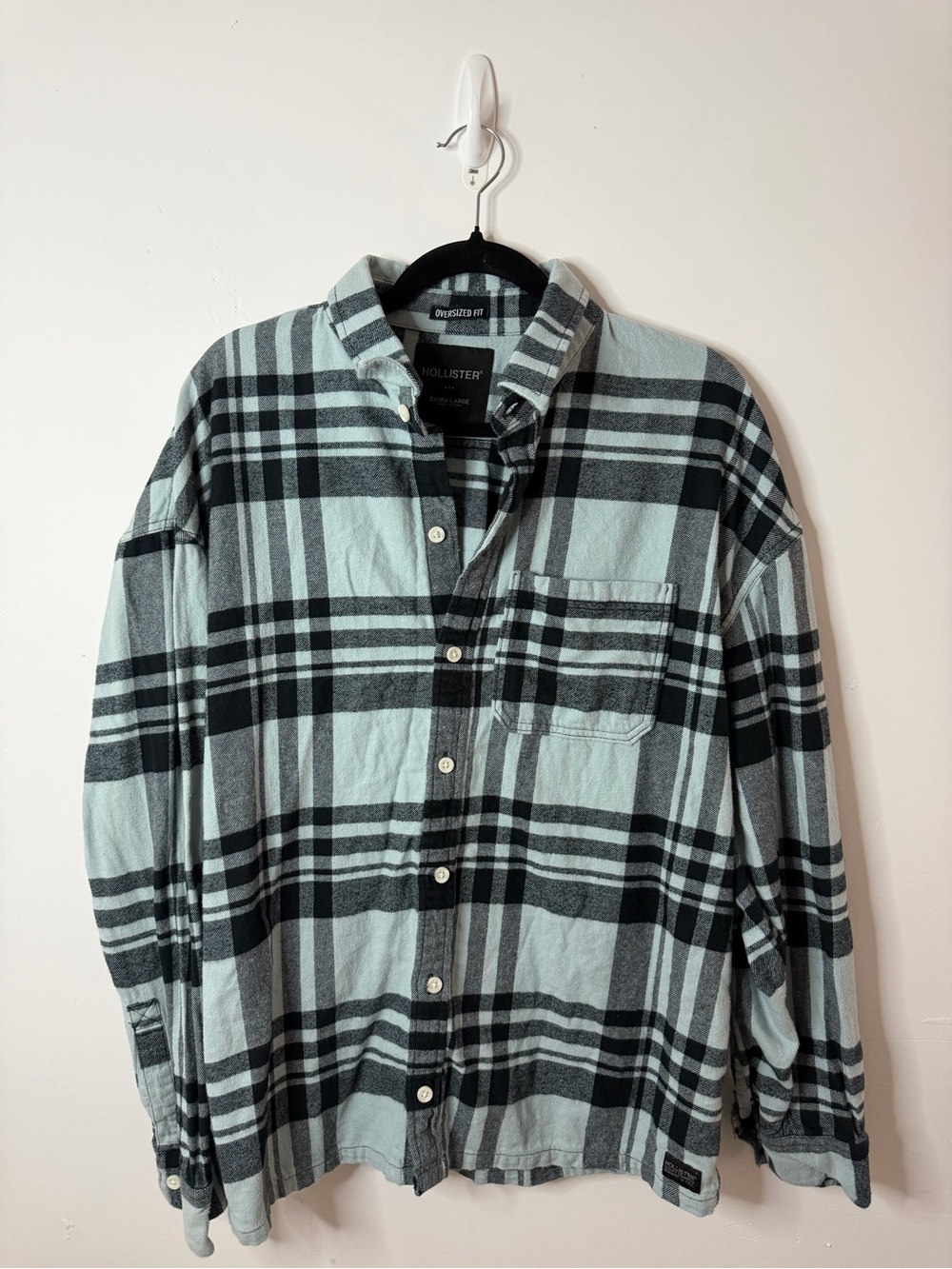 Hollister Mint Green and Black Plaid Long-Sleeve Button-Down
